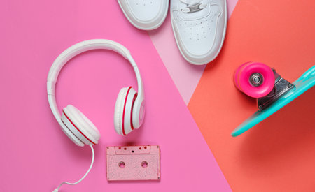 Hipster outfit. Skateboard with headphones, audio cassette and sneakers on colored background. Creative fashion minimalism. Minimal summer fun. Pop art. 80s. Music concept. Top viewの写真素材