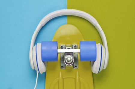 Hipster outfit. Skateboard with headphones on colored background. Creative fashion minimalism. Trendy old fashionable style. Minimal summer fun. Music concept. Top viewの写真素材