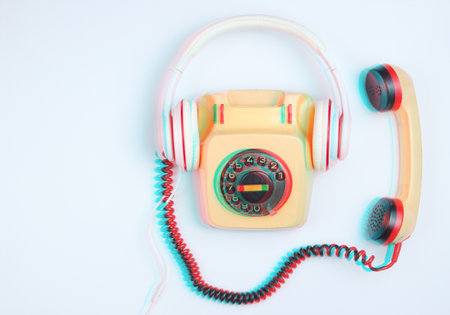 Retro style creative flat lay. Rotary vintage telephone with classic white earphones on white...