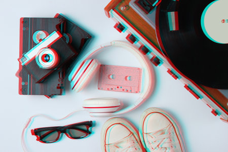 Flat lay retro 80s pop culture composition. Glitch effectの写真素材