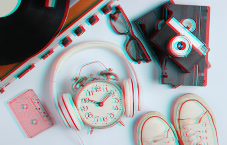 Flat lay retro 80s pop culture composition. Glitch effect