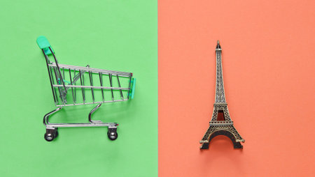 Shopping in Paris minimalistic concept. Shopping trolley, eiffel tower figurine on pastel colored background. Top viewの写真素材