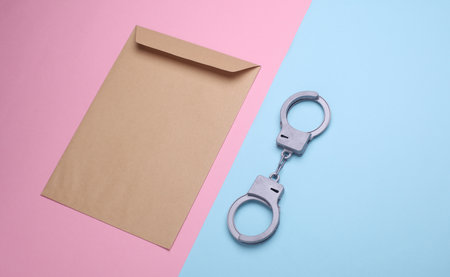 Handcuffs with envelope on pink blue backgroundの写真素材