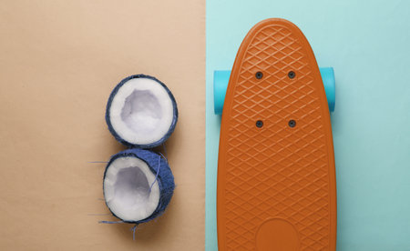 Creative summer concept. Skateboard, coconut halves on pastel background. Pastel color trend. Copy...