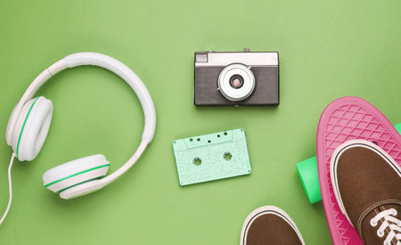 Hipster fashion look. Skateboard, sneakers, audio cassette, retro camera, headphones on green color...