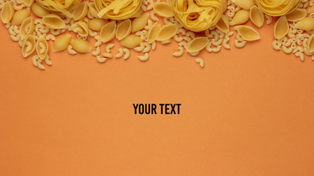 Different types of raw Italian pasta on brown background. Top view. Copy spaceの写真素材