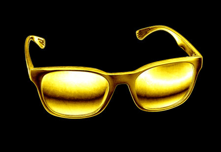 Golden sunglasses isolated on black backgroundの写真素材