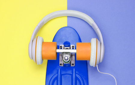 Hipster outfit. Skateboard with headphones on colored background. Creative fashion minimalism. Trendy old fashionable style. Minimal summer fun. Music concept. Top viewの写真素材