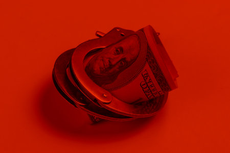 Steel handcuffs and one hundred dollar bills on in red light. Crime, corruption concept