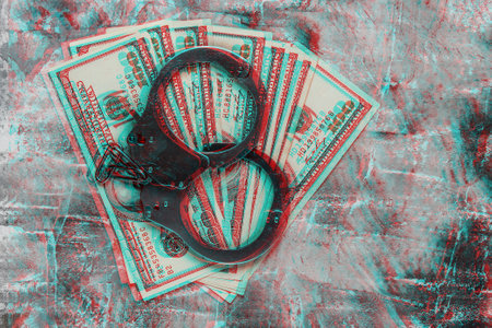 Steel handcuffs and hundred dollar bills on concrete background. Crime, corruption concept. Glith, vhs concertの写真素材
