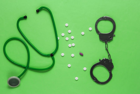 The concept of corruption in medicine. Pills with stethoscope and handcuffs on green background. Medical still life. Top viewの写真素材