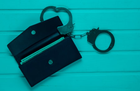 Steel handcuffs with red leather wallet in blue light. Theft, criminal concept.の写真素材