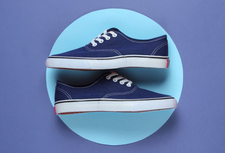 Sneaker in the middle of purple background with blue pastel circle. Youth hipster concept. Summer fun. Top viewの写真素材