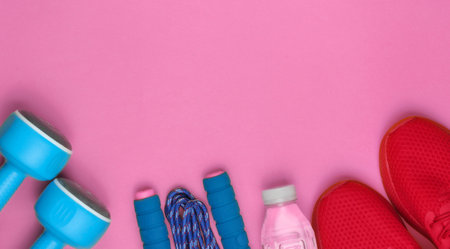 Equipment for training on pink background. Sports shoes, skipping rope, dumbbells, bottle of water. Flat lay style. Top view. Copy spaceの写真素材