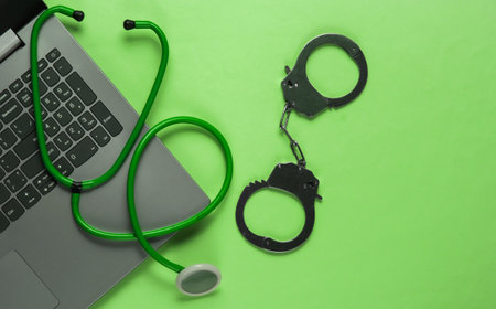 The concept of corruption in medicine. Laptop with a stethoscope and handcuffs on green background. Medical still life. Punishment for crimeの写真素材