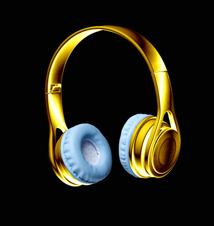 Golden wireless headphones on black background.の写真素材