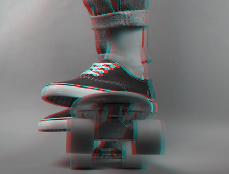 Youth hipster concept. Female legs in jeans and sneakers on cruiser board. Glitch effect
