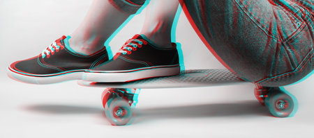 Youth hipster concept. Female legs in jeans and sneakers sitting on cruiser board. Glitch effectの写真素材