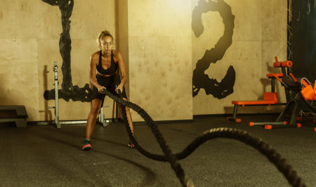 Young sport woman in sportswear is training with battle rope in the gym. Functional training....