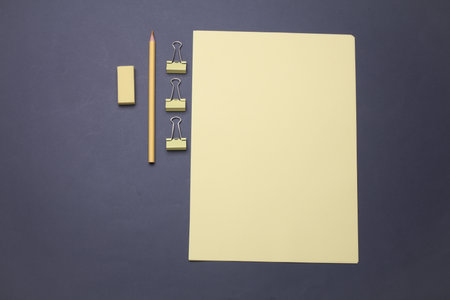Paper sheets and Stationery set on dark background. Back to school, education, office supplies. Flat...