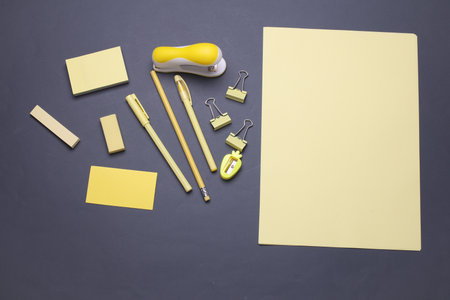 Paper sheets and Stationery set on dark background. Back to school, education, office supplies. Flat...
