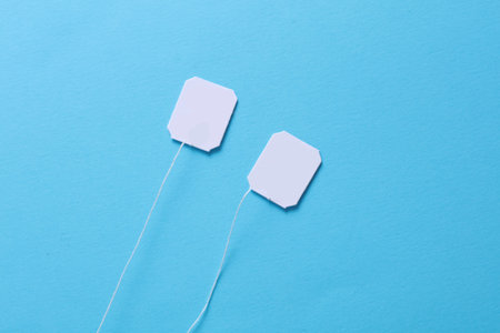 White blank tea bag labels on blue backgroundの写真素材