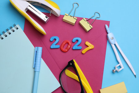 Stationery set with 2027 year on blue backgroundの写真素材