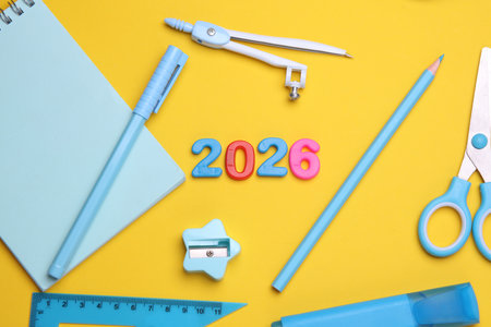 Stationery set with 2026 year on yellow backgroundの写真素材