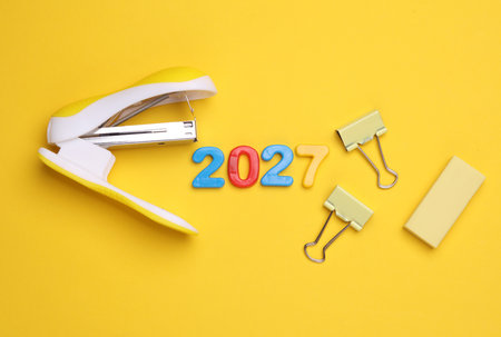 Stationery set with 2027 year on yellow backgroundの写真素材
