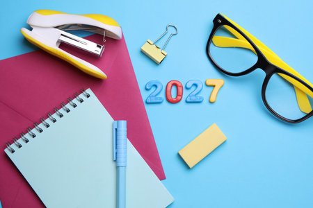 Stationery set with 2027 year on blue backgroundの写真素材