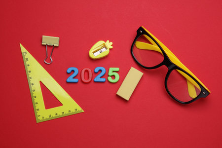 Stationery set with 2025 year on red background