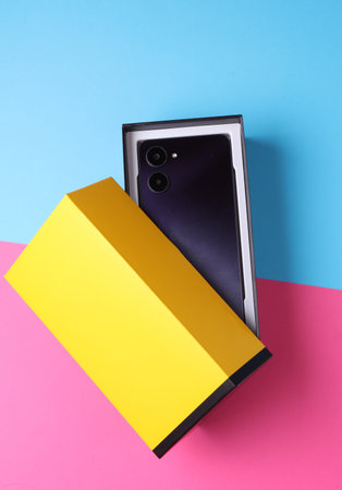 New modern smartphone in a box on pink blue backgroundの写真素材