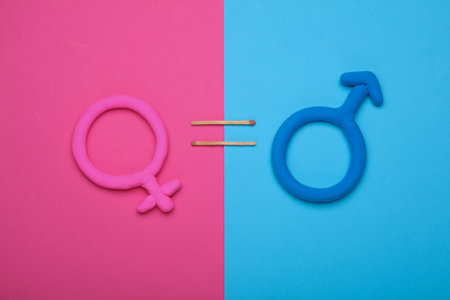 Gender equality concept. Female and male gender symbol with equal sign on blue pink backgroundの写真素材