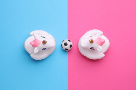Rubber bath unicorns with soccer ball on pink blue background. Top view. Sports conceptの写真素材