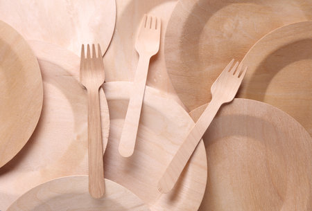 Set of wooden eco dishes on a white background. Plates with forksの写真素材
