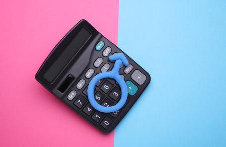 Calculator with male gender symbol on blue pink backgroundの写真素材