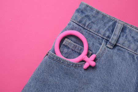 Female pink gender symbol in jeans pocketの写真素材