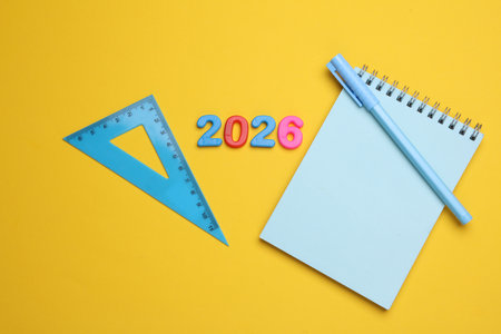 Stationery set with 2026 year on yellow backgroundの写真素材