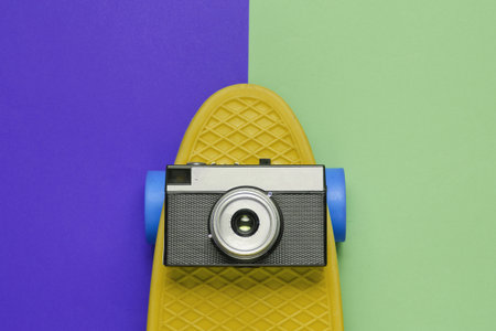 Pop art retro style still life. 80s. Cruiser board with retro camera on two-color paper background....