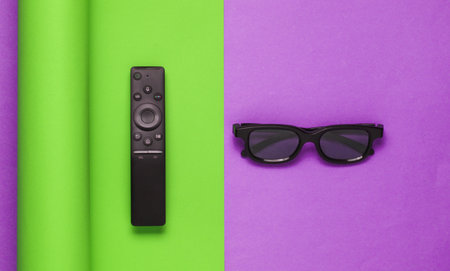 Tv remote controller and 3d glasses on wrapped paper background.の写真素材