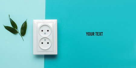 Eco concept. Power Energy Economy. Save the planet. Double power socket, green leaves on blue...