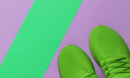 Green sports running shoes on paper background. Top view.の写真素材