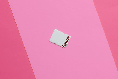 SD memory on pink paper background. Minimalistic technology concept, modern storage media.