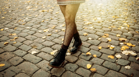 Female legs in tights and boots walk along the city paving stones with fallen autumn leaves.の写真素材