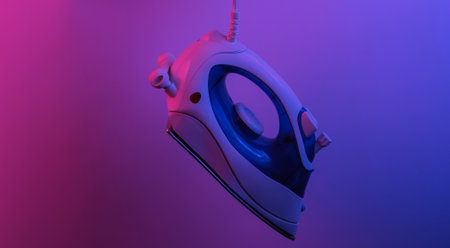 Hand holds iron for ironing by cable. Creative pop art pink blue neon color. Trendy gradient...