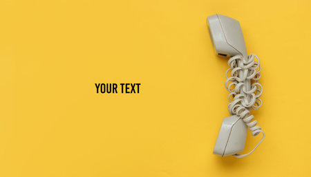 Handset wrapped cable on yellow paper background. Minimalistic office concept. Top view. Copy spaceの写真素材