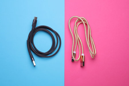 USB type C cables on blue pink background