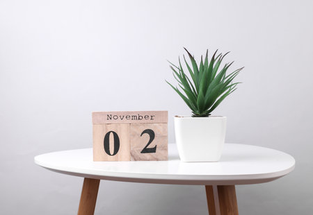 Wooden calendar organizer with date november 2 and decorative plant on table