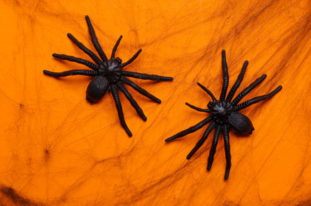 Black decorative web with spiders on orange background. Halloween decor. Flat layの写真素材