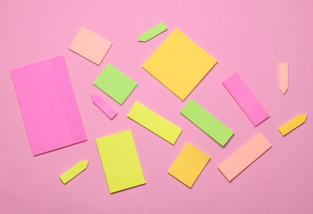 Various blank paper multicolored stickers. Sticky note collection on blue background